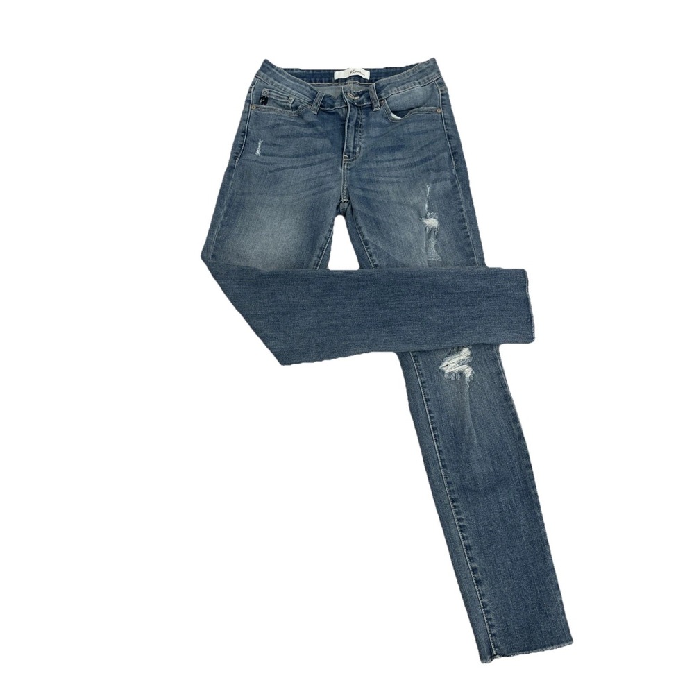 KanCan Women's Distressed 27x28 8" Low Rise Skinny Blue Denim Jeans WHISKERS EUC
